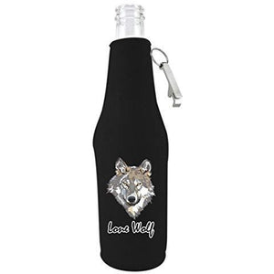 black zipper beer bottle koozie with opener and lone wolf design 