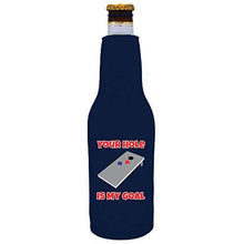 Load image into Gallery viewer, navy zipper beer bottle koozie with your hole is my goal design 
