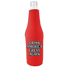 Load image into Gallery viewer, red zipper beer bottle koozie with funny drink america great again design 

