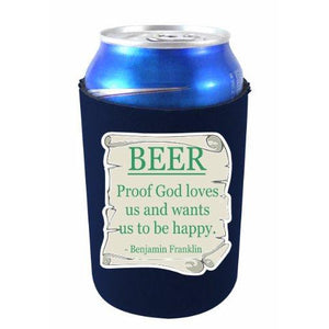 navy can koozie with "beer proof god loves us and wants us to be happy" text design