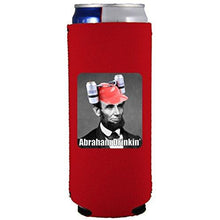 Load image into Gallery viewer, slim can koozie with abraham drinkin design
