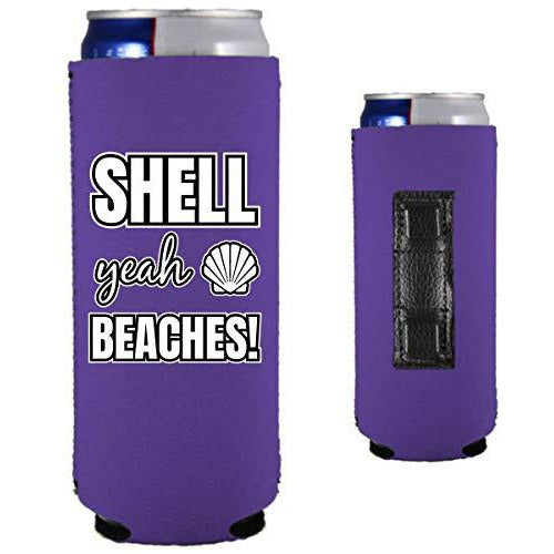 purple magnetic slim can koozie with shell yeah beaches funny text design