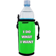 Load image into Gallery viewer, neon green water bottle koozie with funny &quot;i do what i want&quot; text design
