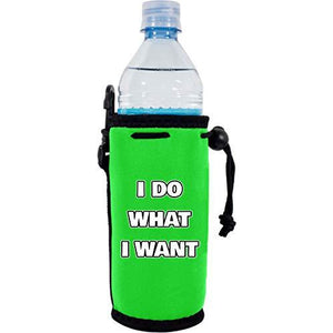 neon green water bottle koozie with funny "i do what i want" text design