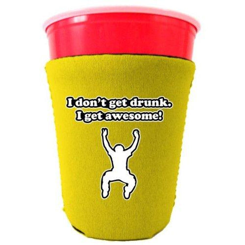 yellow party cup koozie with i dont get drunk i get awesome design 