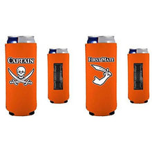 Load image into Gallery viewer, orange magnetic slim can koozies with captain and first mate designs
