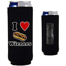 Load image into Gallery viewer, black magnetic slim can koozie with &quot;i (heart) wieners&quot; text and hot dog illustration design
