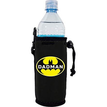 Load image into Gallery viewer, black water bottle koozie with funny dadman (batman) parody design
