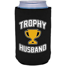 Load image into Gallery viewer, black beer can koozie with trophy husband design 
