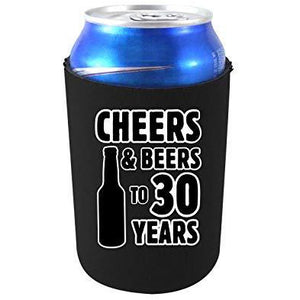 black can koozie with "cheers & beers to 30 years" text design