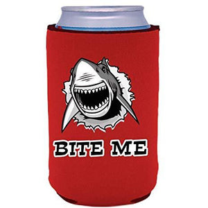 red can koozie with shark graphic and "bite me" text below