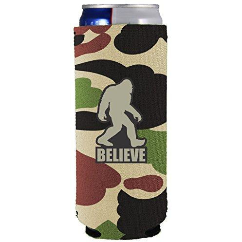 slim can koozie with bigfoot believe design