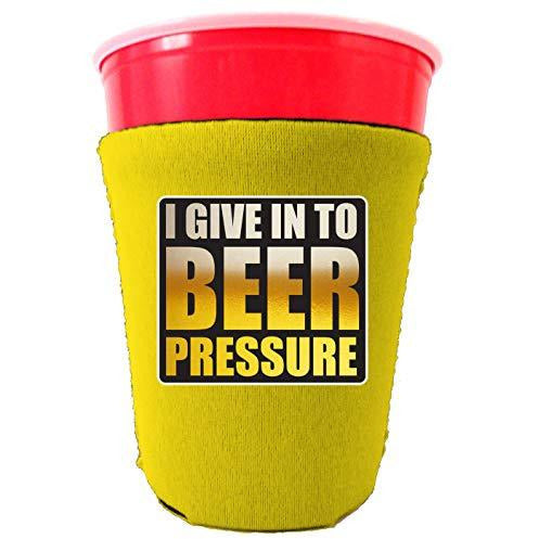 yellow party cup koozie with i give into beer pressure design 