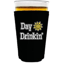 Load image into Gallery viewer, black pint glass koozie with “day drinkin” funny text design
