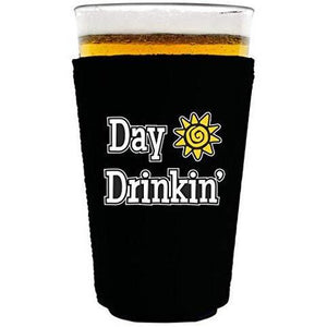 black pint glass koozie with “day drinkin” funny text design