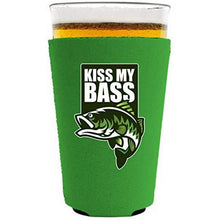 Load image into Gallery viewer, neon green pint glass koozie with &quot;kiss my bass&quot; funny text and bass fish graphic
