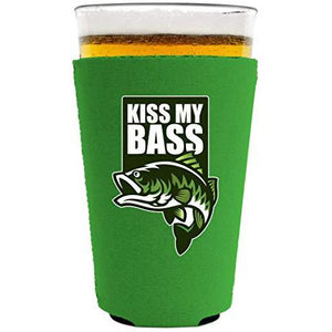 neon green pint glass koozie with "kiss my bass" funny text and bass fish graphic