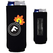 Load image into Gallery viewer, black magnetic slim can koozie with f bomb funny print design
