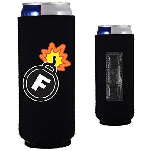 black magnetic slim can koozie with f bomb funny print design