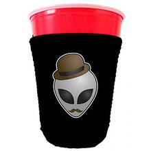 Load image into Gallery viewer, black party cup koozie with alien in disguise design 
