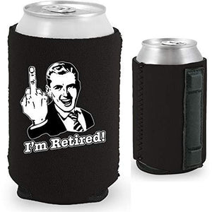 black magnetic can koozie with funny i'm retired middle finger design