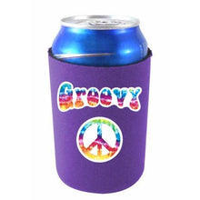 Load image into Gallery viewer, purple can koozie with &quot;groovy&quot; text and peace sign filled with tie dye design
