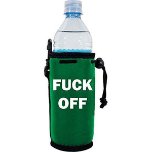 green water bottle koozie with "fuck off" text design