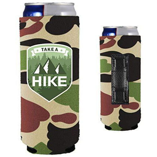 camo magnetic slim can koozie with take a hike text and mountain and tree graphic design