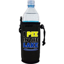 Load image into Gallery viewer, black water bottle koozie with “I pee in the lake” funny text design
