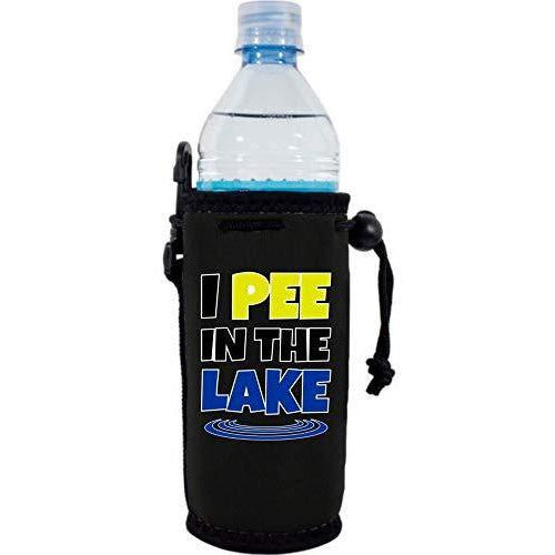 black water bottle koozie with “I pee in the lake” funny text design