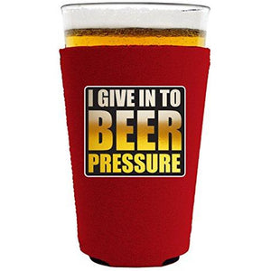 pint glass koozie with beer pressure design