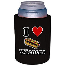 Load image into Gallery viewer, black thick foam old school can koozie with &quot;i (heart) wieners&quot; funny text and hot dog graphic design
