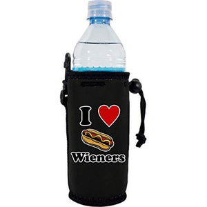 black water bottle koozie with "i (heart) wieners" funny text and hot dog graphic design