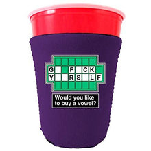Load image into Gallery viewer, purple party cup koozie with go fuck yourself would you like to buy a vowel design 
