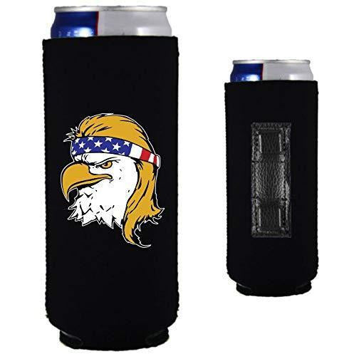 black magnetic slim can koozie with bald eagle with mullet hair funny design