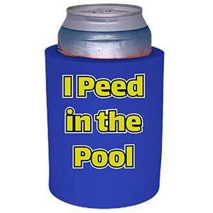 royal blue old school thick foam koozie with i peed in the pool design 