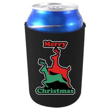 Load image into Gallery viewer, black can koozie with &quot;merry christmas&quot; text and reindeers humping design
