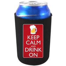 Load image into Gallery viewer, black can koozie with &quot;keep calm and drink on&quot; text and beer mug design
