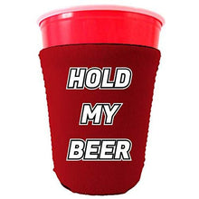 Load image into Gallery viewer, red party cup koozie with hold my beer design 

