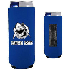 royal blue magnetic slim can koozie with shark graphic and "bite me" text