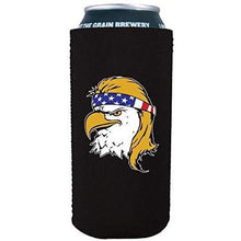 Load image into Gallery viewer, black 16oz can koozie with bald eagle with mullet hair funny design
