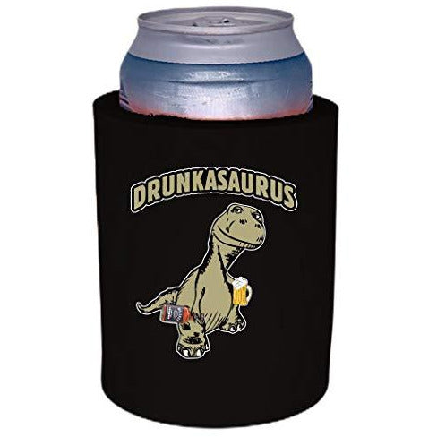 black old school thick foam koozie with drunkasaurus design 