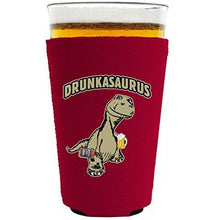 Load image into Gallery viewer, pint glass koozie with drunkasurus design
