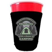 Load image into Gallery viewer, black party cup koozie with weekend forecast drinking with a chance of camping design 
