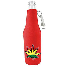 Load image into Gallery viewer, red beer bottle koozie with rasta leaf graphic design
