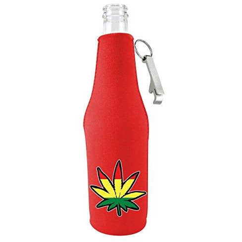 red beer bottle koozie with rasta leaf graphic design