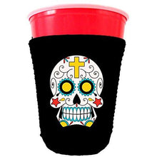 Load image into Gallery viewer, black party cup koozie with sugar skull design 
