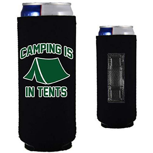 black magnetic slim can koozie with funny camping is in tents design