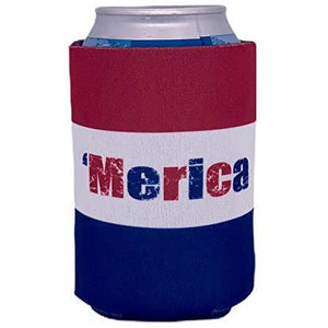 can koozie with full color red white and blue "merica" word and stripes background