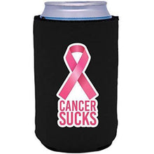Load image into Gallery viewer, black can koozie with cancer sucks text and pink ribbon graphic
